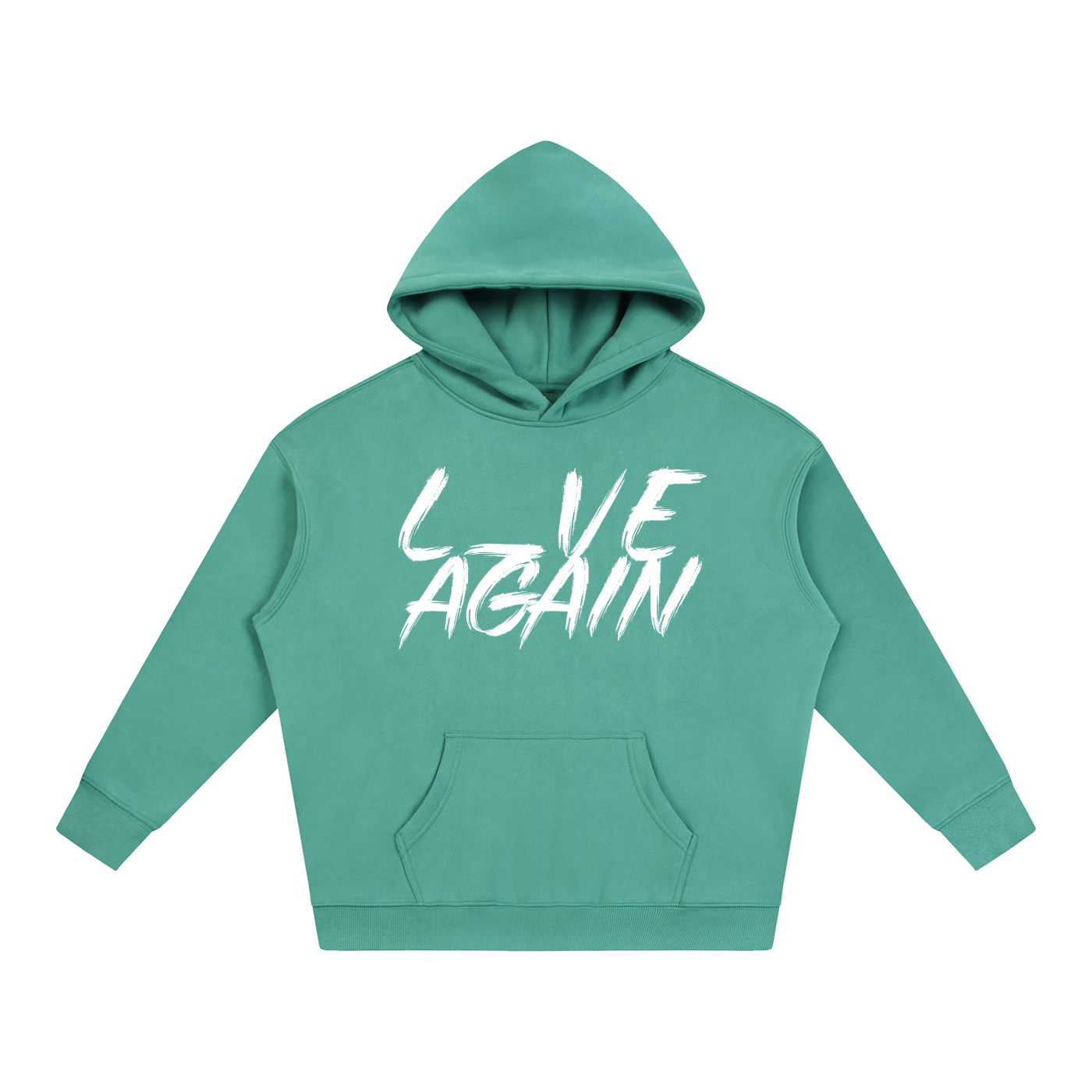 front of mint green fleeced pullover hoodie with white text L_VE AGAIN 