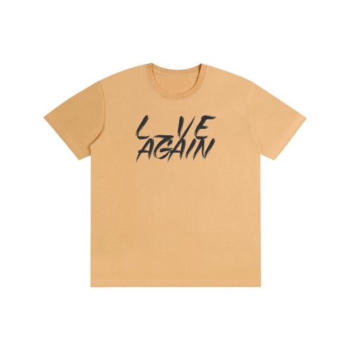 khaki T-shirt with black brush stroke L_VE AGAIN text logo