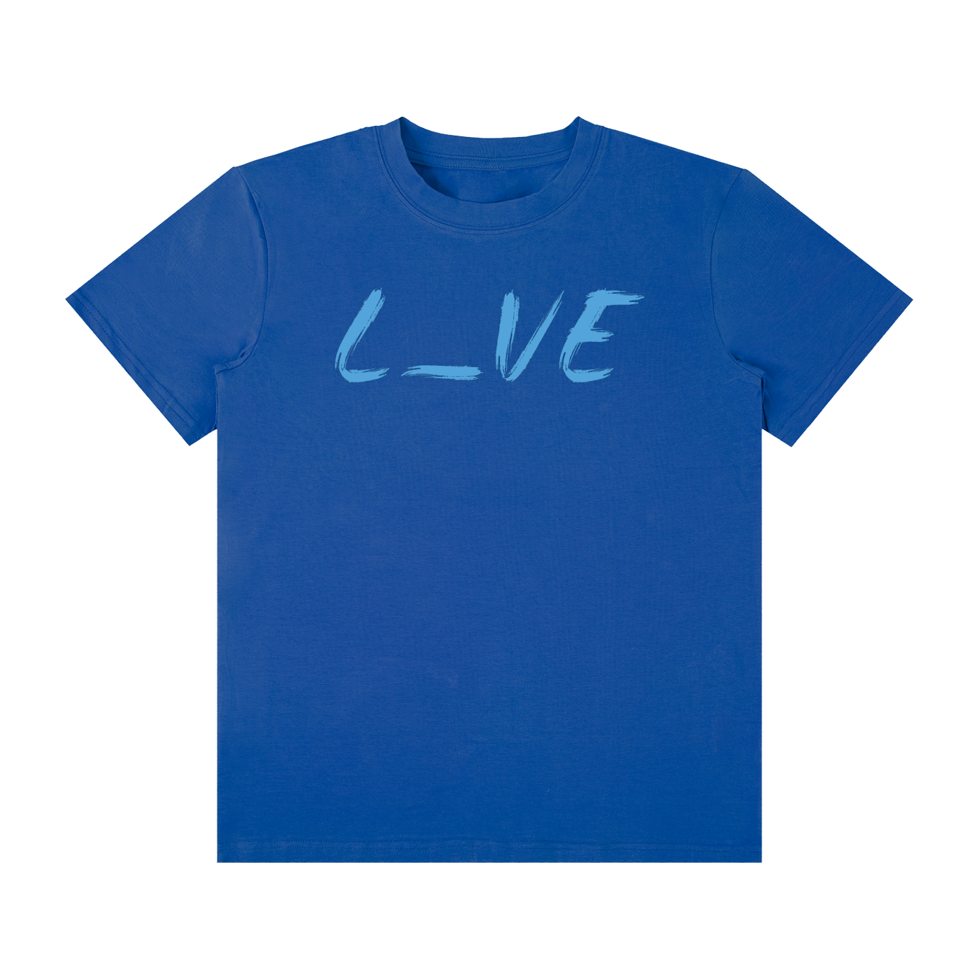 95% cotton 5% spandex blue t-shirt with light blue text L_VE
