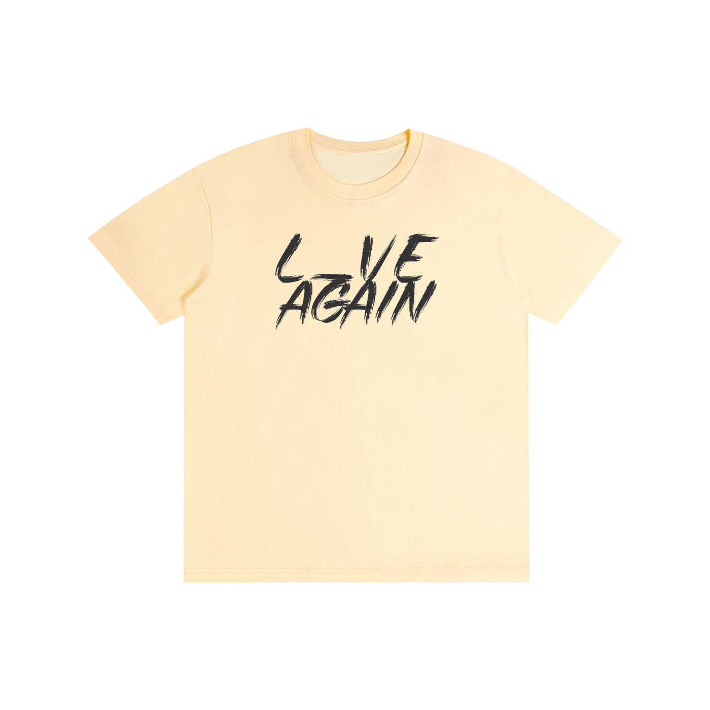 100% cotton teel light apricot with black text L_VE AGAIN love again live again