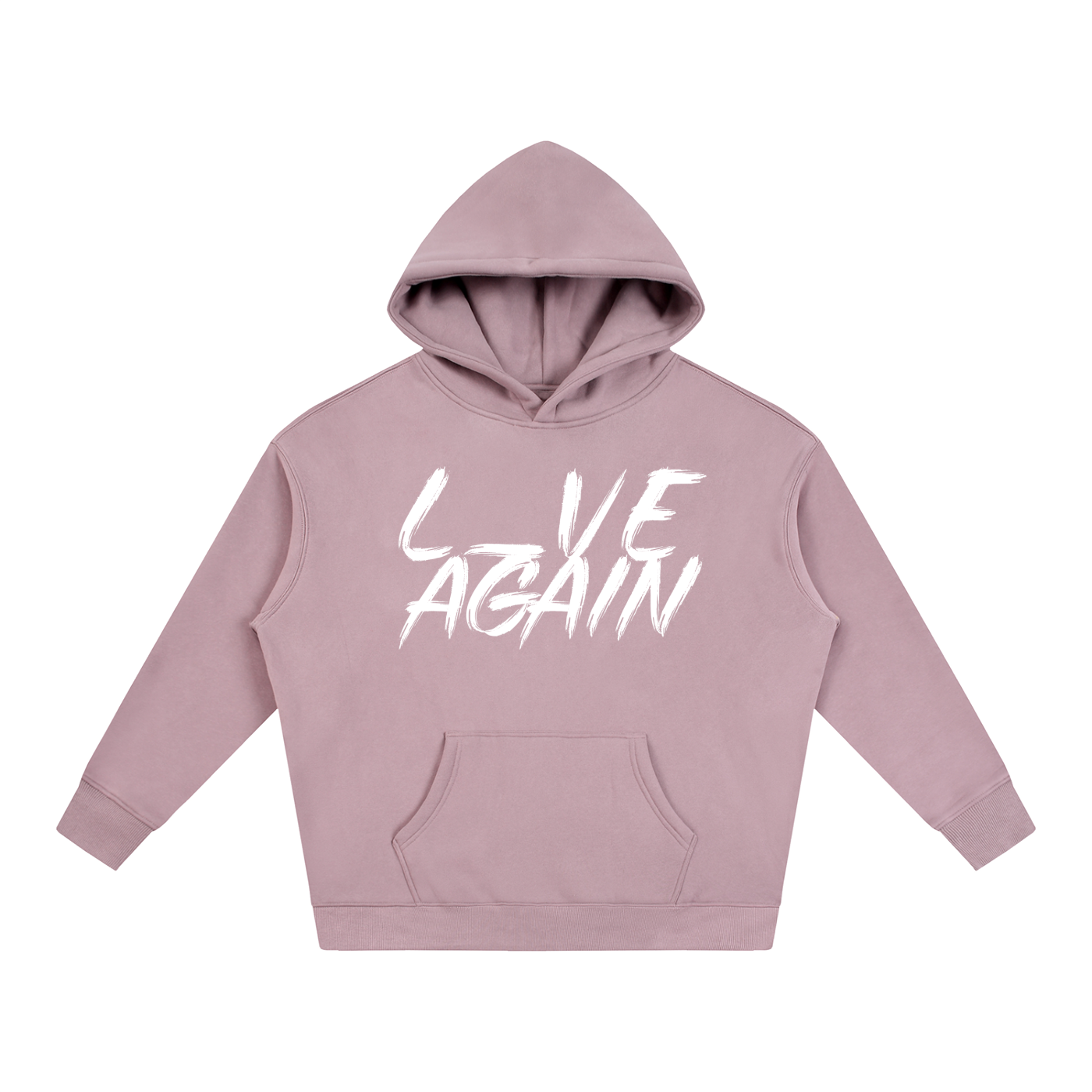 front of purple fleeced pullover hoodie with white text L_VE AGAIN 