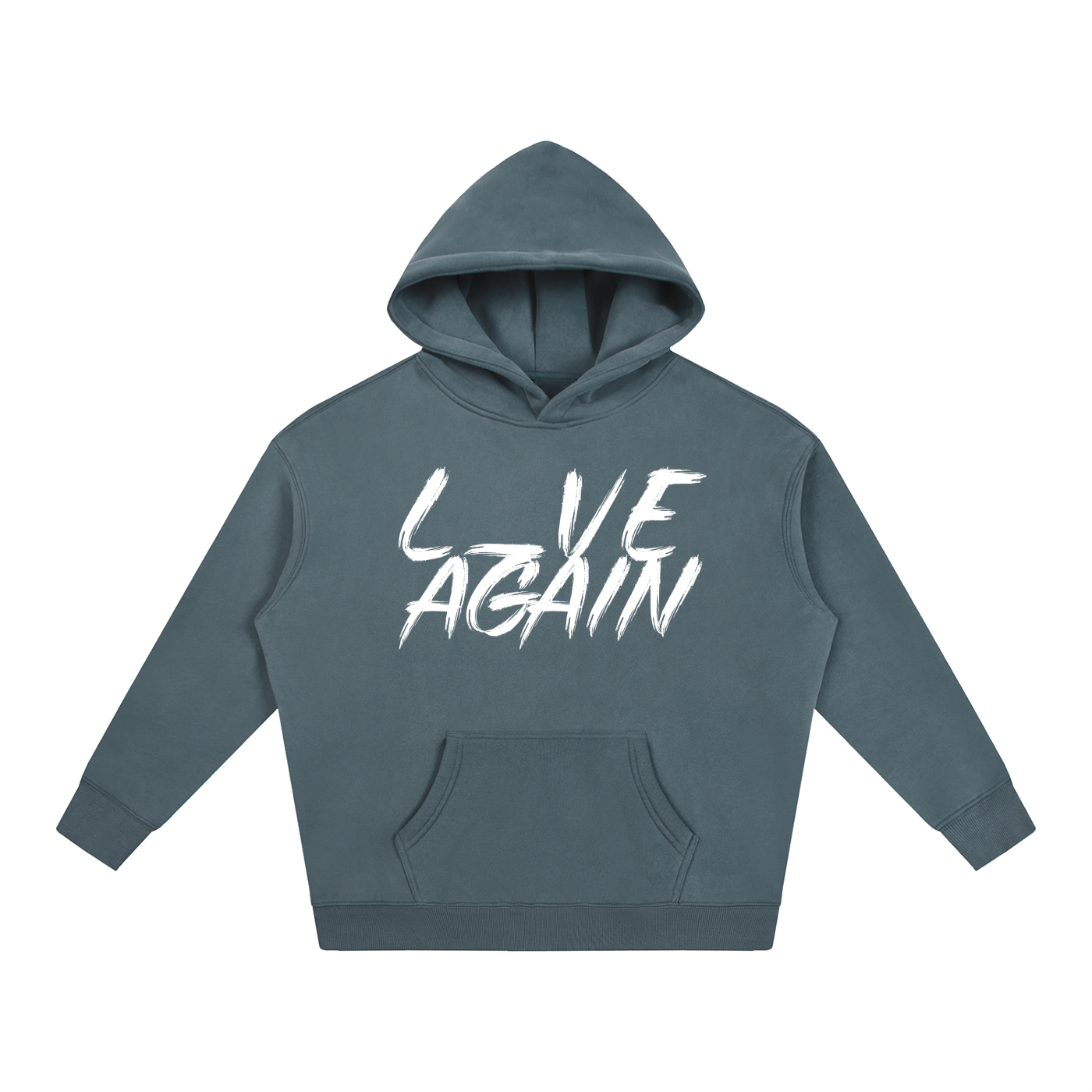 front of jeans blue fleeced pullover hoodie with white text L_VE AGAIN 