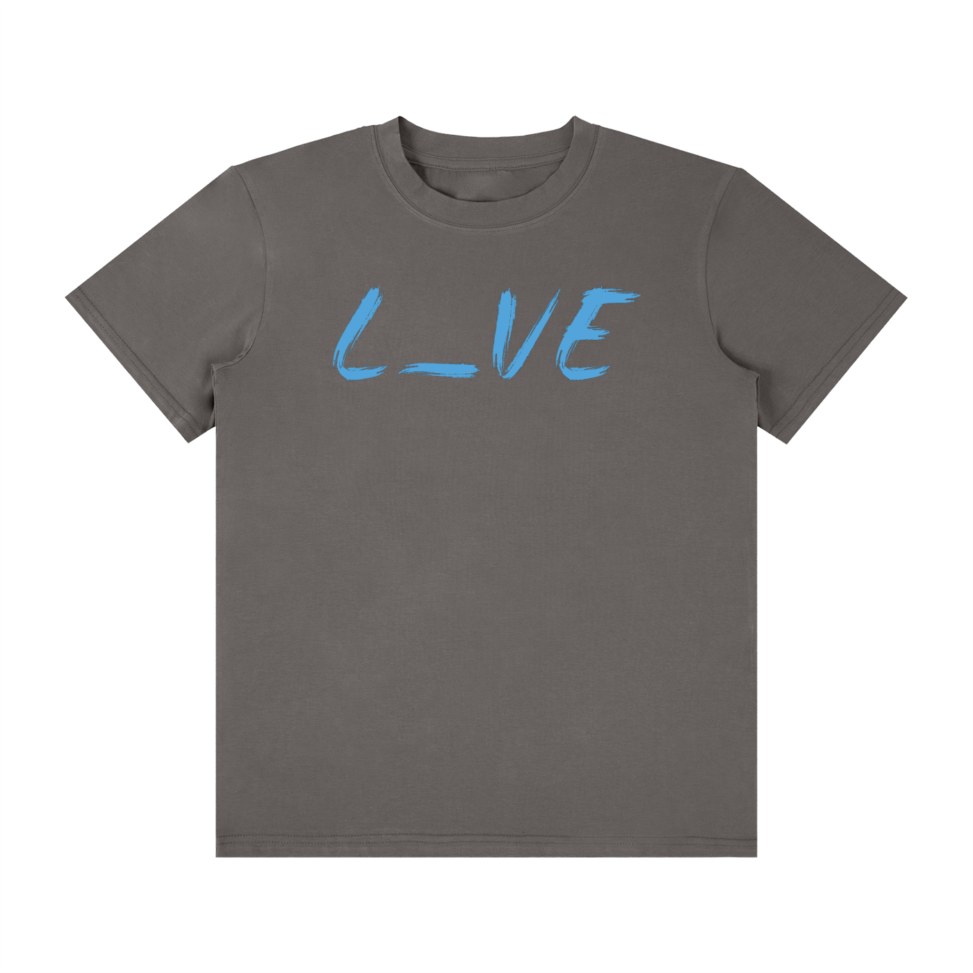 95% cotton 5% spandex dark gray t-shirt with light blue text L_VE