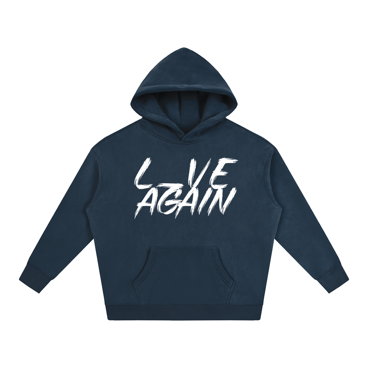 front of navy blue fleeced pullover hoodie with white text L_VE AGAIN 