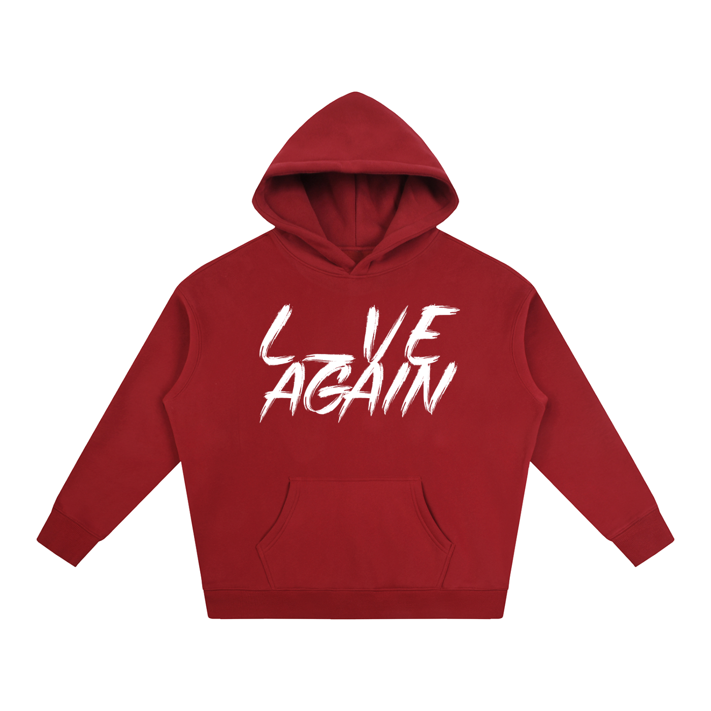 front of red fleeced pullover hoodie with white text L_VE AGAIN 
