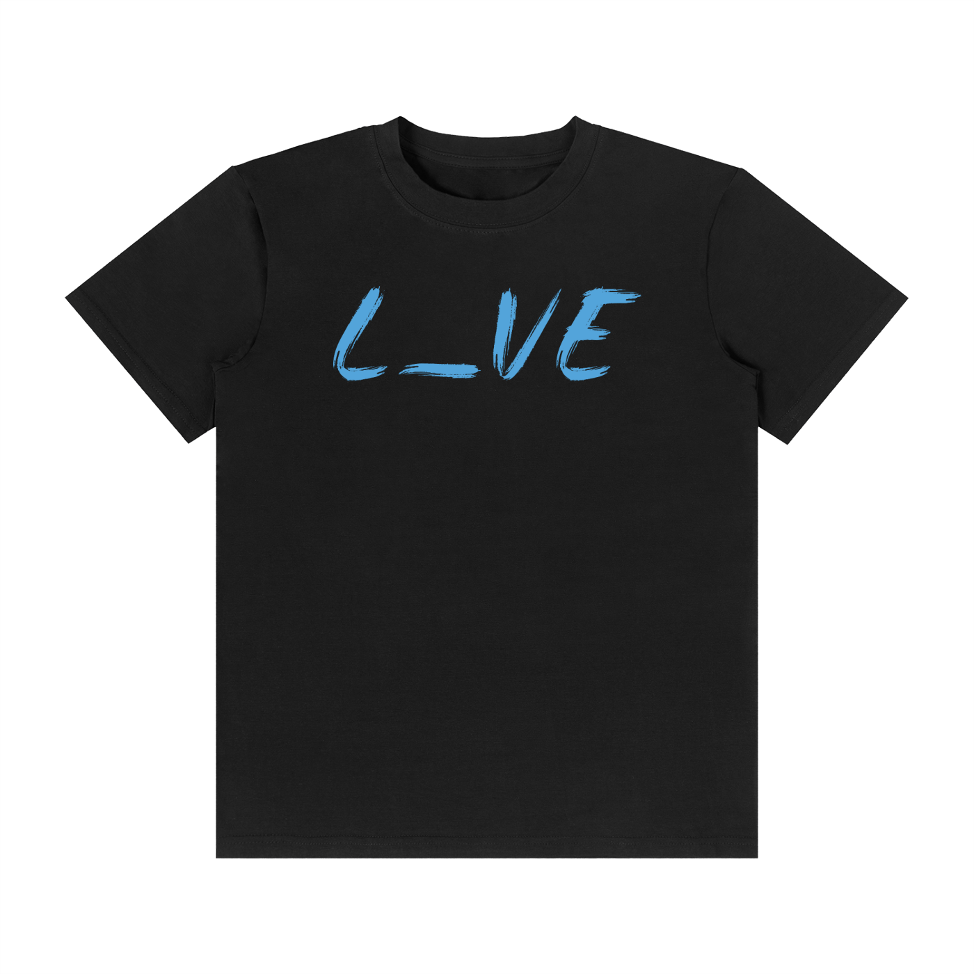 95% cotton 5% spandex black t-shirt with light blue text L_VE