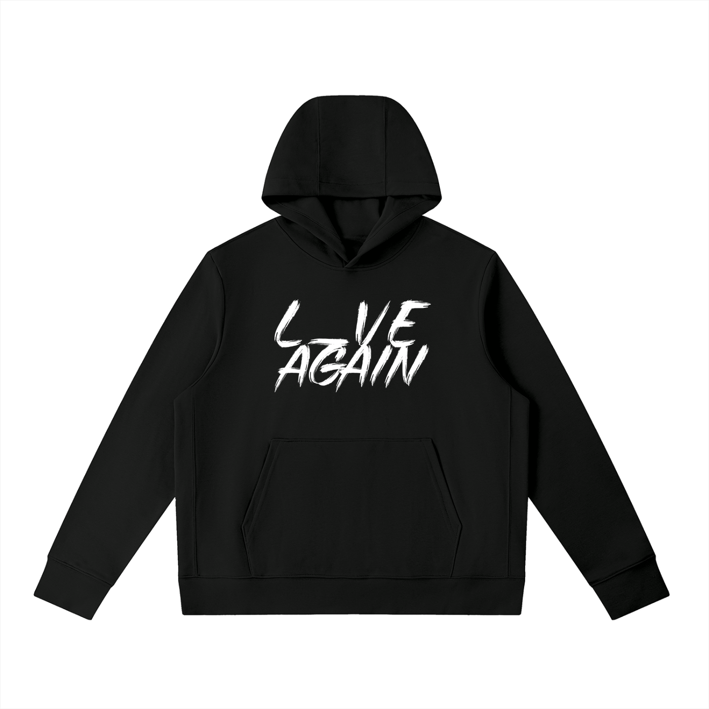 front of black pullover hoodie with white text L_VE AGAIN 