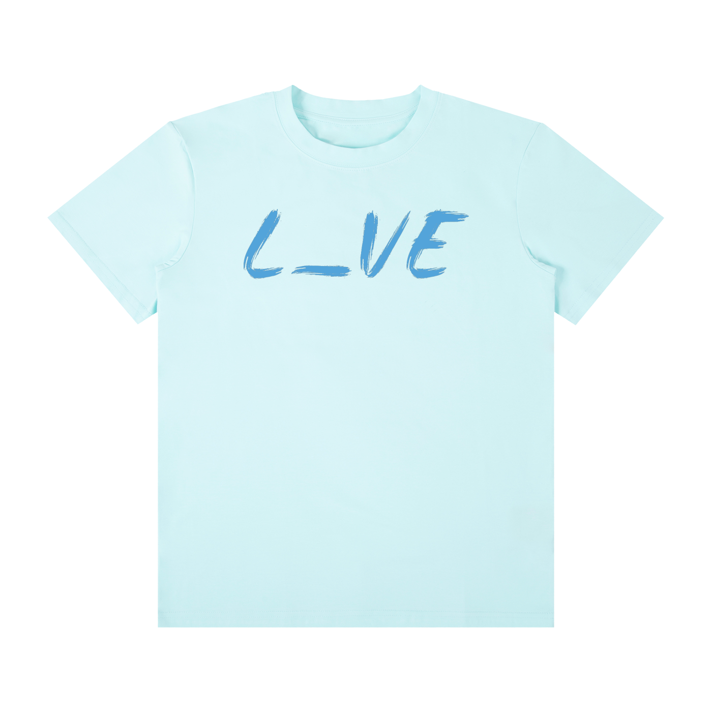 95% cotton 5% spandex light blue t-shirt with dark blue text L_VE